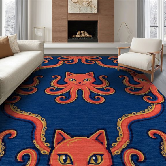 ODIKA 8'x10' Washable Area Rug Durable, Non-Slip Cartoon Retro Wave Border Arcade Tentacle Motif Pixel Octopus Refined Structured for Living Room, Under Sectional, Family