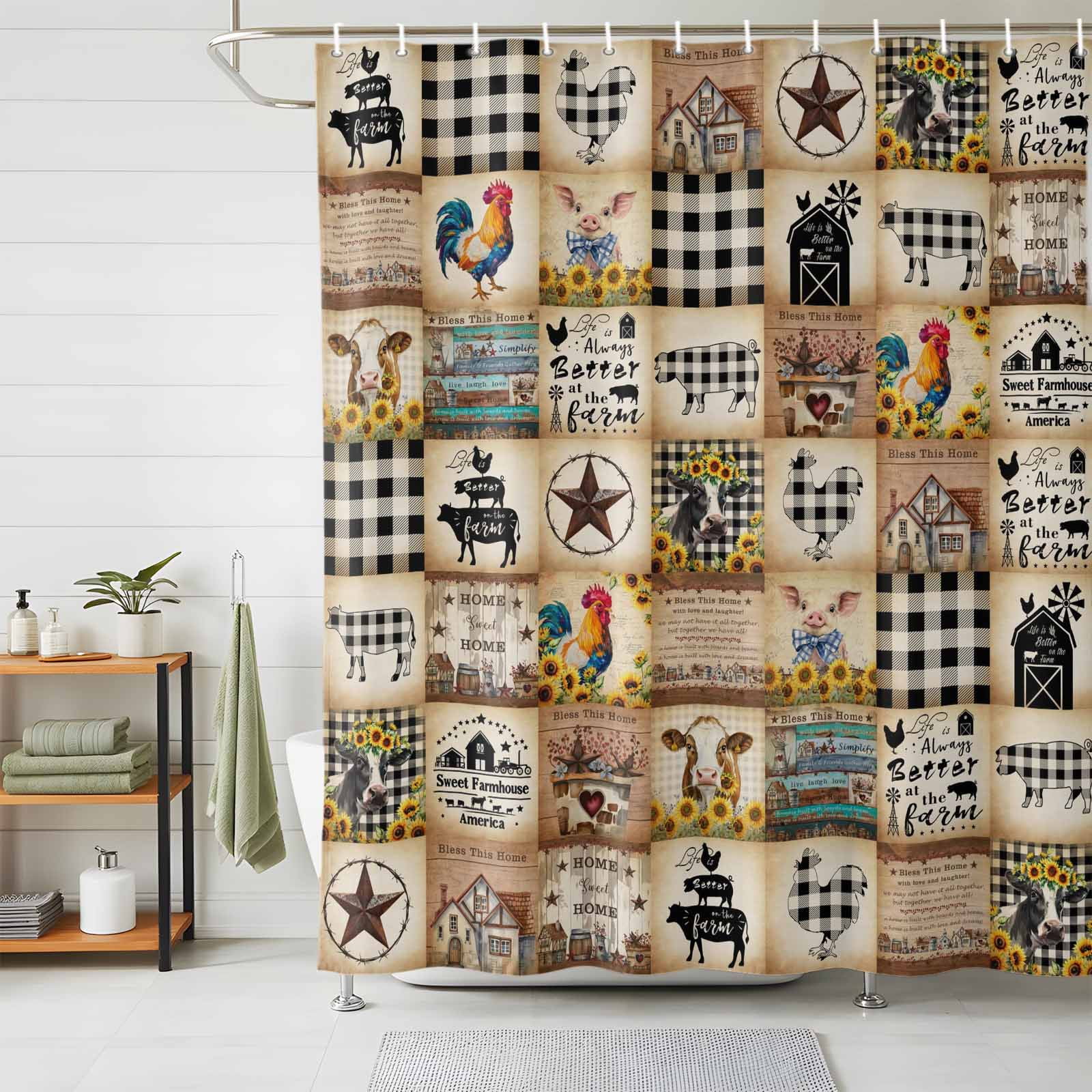 Vintage Rustic Farmhouse Plaid Shower Curtain Set with Hooks, Farm Animals Barn Stars Waterproof Fabric Bathroom Curtains Decor Home Accessories,72X 96 Inch Extra Long