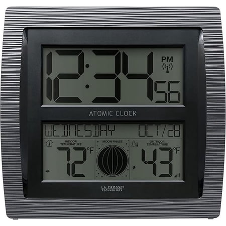 La Crosse Technology Curved Black Digital Atomic Clock With moon phase & temperature, BBB86118