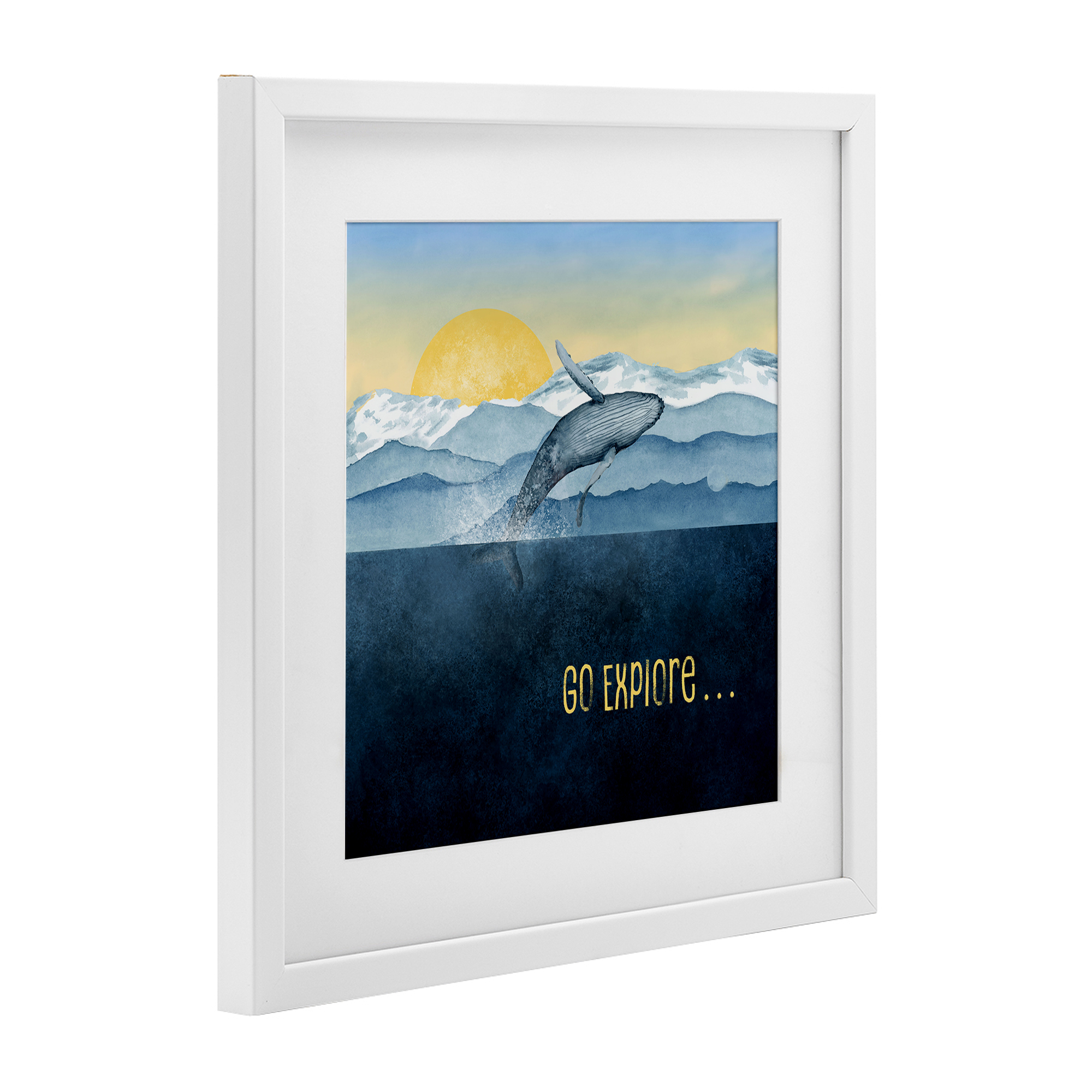 Go Explore Whale Breach White Framed Print Under Glass, design by Brett Blumenthal