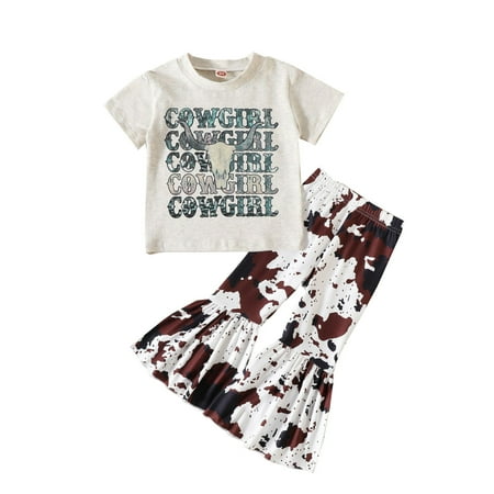 

Toddler Suit Girls Short Sleeve Calf Printed Top Flare Pants 2pcs Suit Outwear Outfits