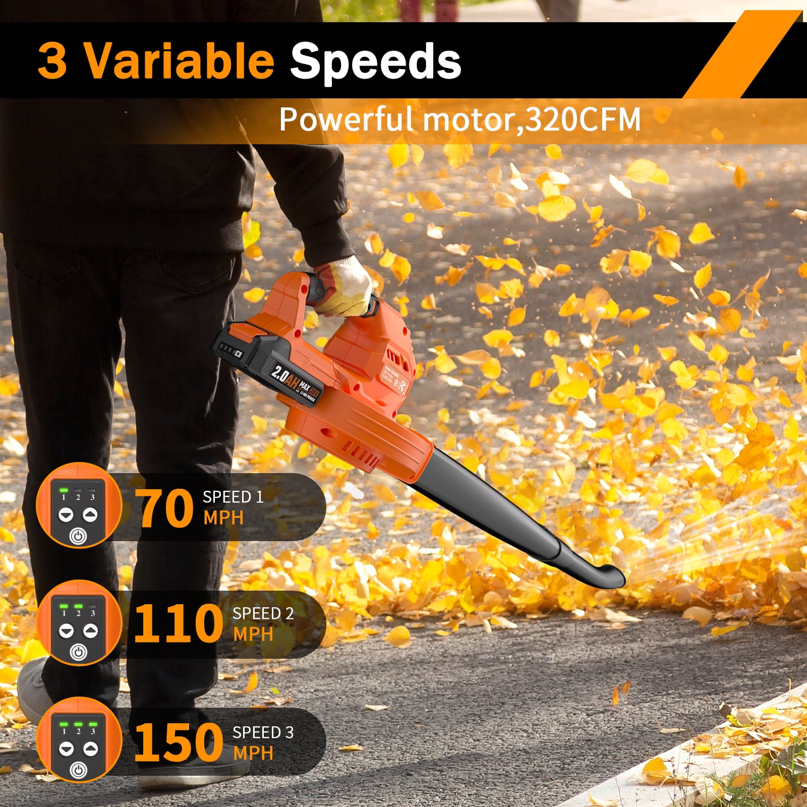 Cordless Leaf Blower - 20V Electric Leaf Blower with 2 X 2.0Ah Batteries and Charger, 3 Speed Mode, Lightweight Battery Powered Leaf Blowers for Lawn Care, Blowing Leaves and Dust, etc.