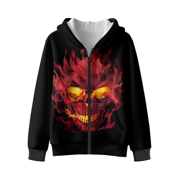 Uorisanigo Zip Up Sweatshirt Cropped Hoodies Lightweight Kids Red Fire Skull Jacket Casual Long Sleeve Hooded Sweatshirt Coat with Pockets Fall Outfits Trendy Clothes