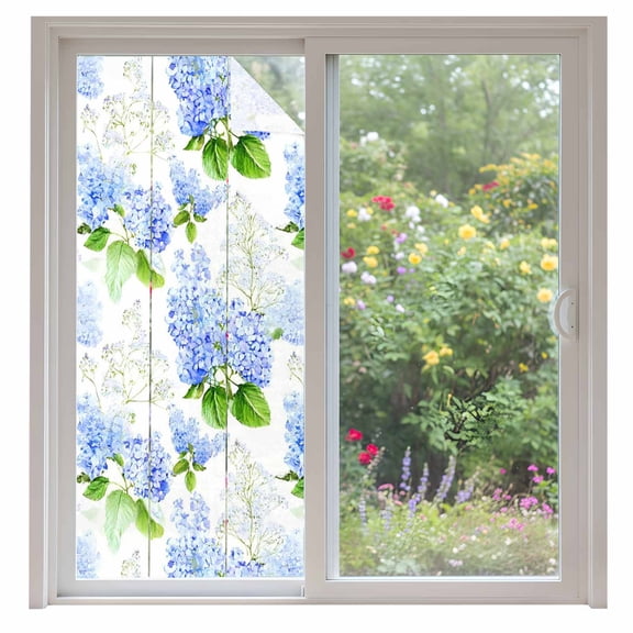 Summer Hydrangeas Window Privacy Film, White Blue Flowers Pastoral Leaves Static Cling UV Sun Blocking Heat Control Window Tint Day and Night, Non-Adhesive One Way Windows Privacy Cover 35.4''x78.7''