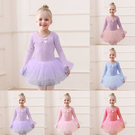 Dresses for Girls Classical Ballerina Practice Sequins Tutu Skirted Dance Leotard Elegant Long Sleeve Ballerina Bodysuit Baby Girl Clothes Blue 3-4Years