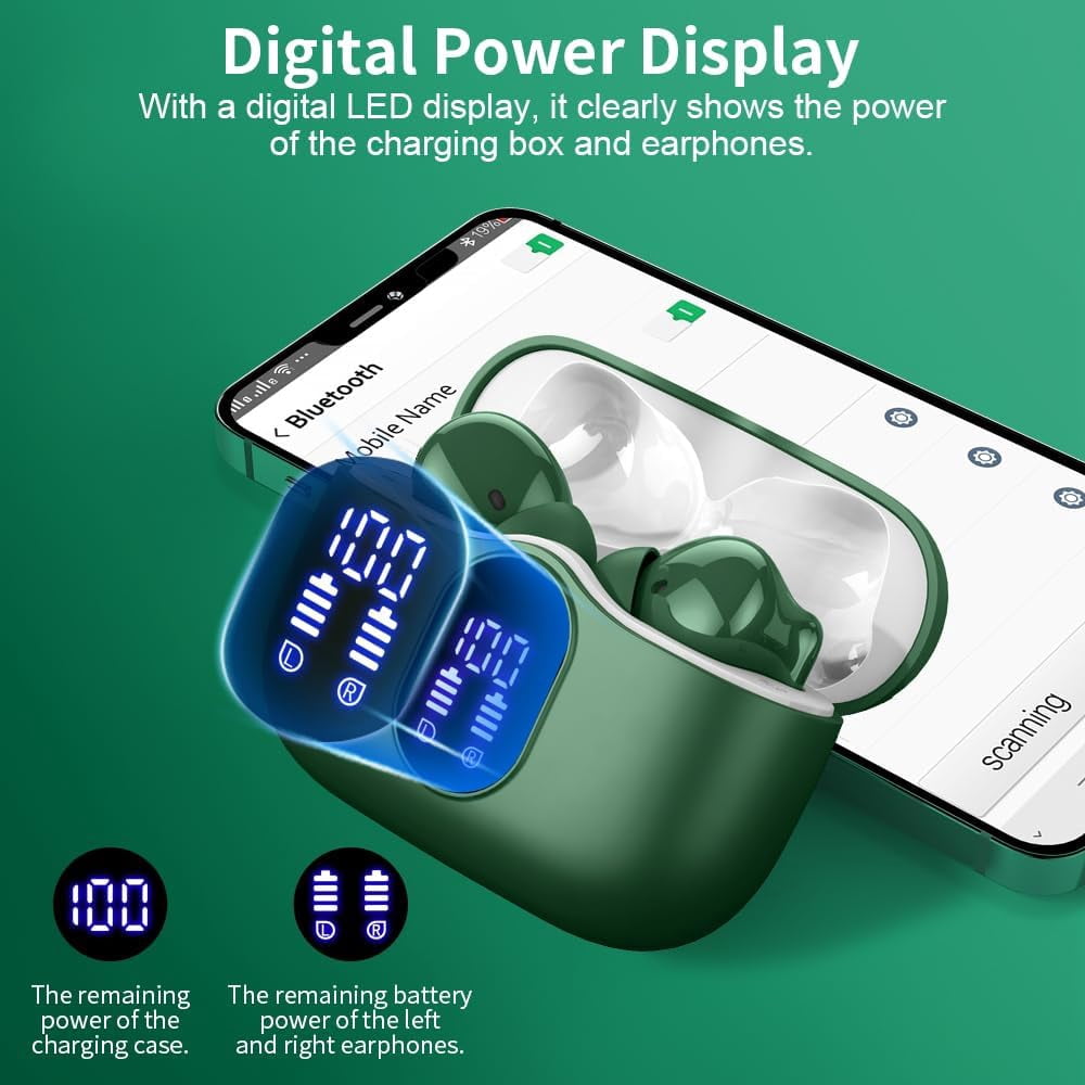 Wireless Earbuds, Bluetooth Headphones 5.4 HiFi Stereo, Wireless Earphones with ENC Noise Cancelling Mic, IP7 Waterproof in Ear Wireless Headphones, LED Digital Display Ear Buds, Touch Control, green