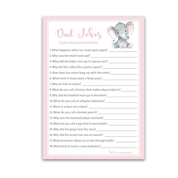 PINK ELEPHANT Baby Shower Game — DAD JOKES Baby Shower Games — Pack of 25 — Fun Dad Joke Game, Funny Daddy Joke Trivia, GIRL Baby Sprinkle, Sip See, Birthday, Baby Elephant Shower Activity G500-DJK