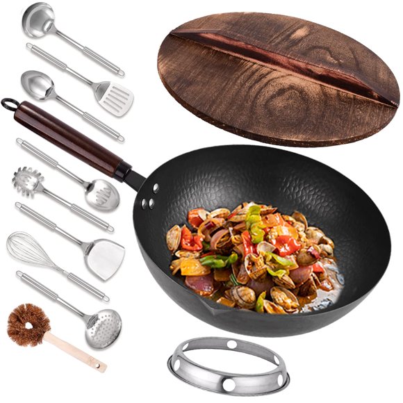 Wok Leidawn de acero al carbono 12.8 con tapa, juego de 11 piezas