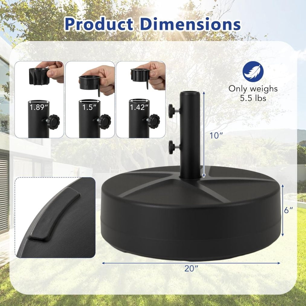 WJSP Patio Umbrella Base, 88LBS Capacity Water & Sand Fillable Market Table Umbrella Stand Fit 1.89"/1.5"/1.42" Umbrella Poles w/ 2 Adjustable Knobs, Weighted Base for Poolside Garden Deck Lawn