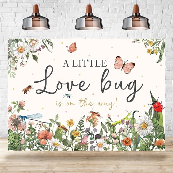 7x5FT Baby Shower Backdrop A Little Love Bug is On The Way Photography Background Insect Floral Leaves Garden Baby Shower Party Decorations Cake Table Banner Supplies Photo Booth Props