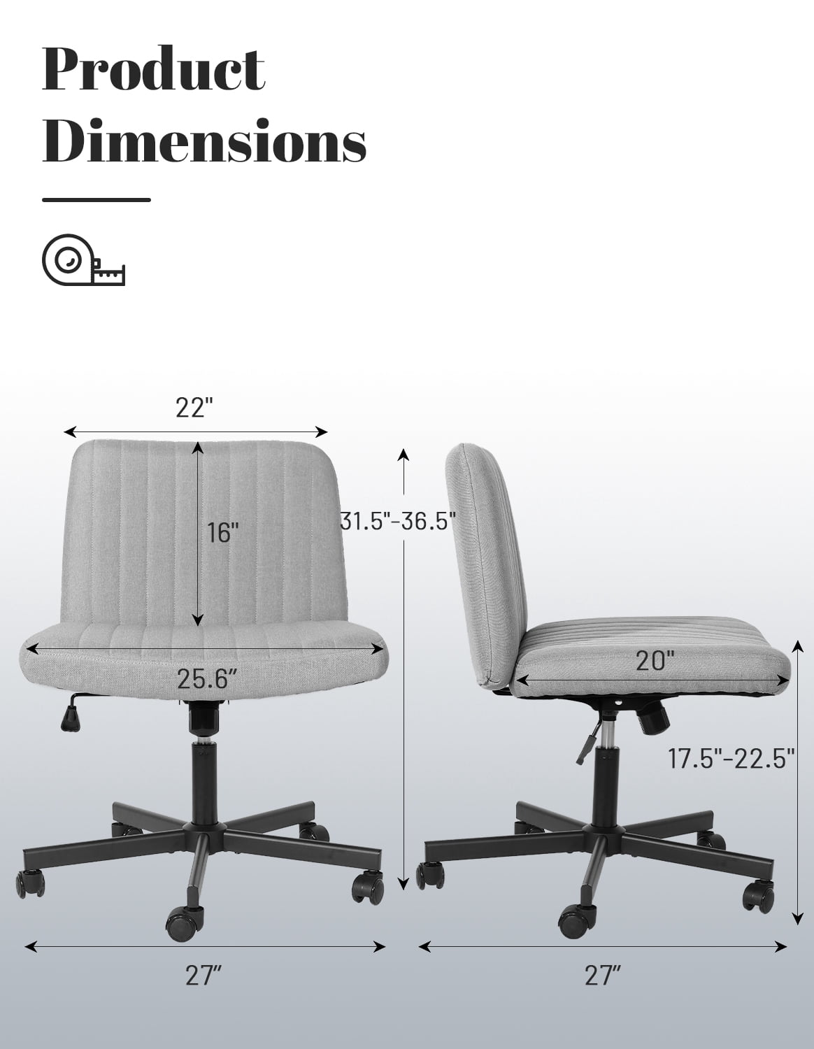 LOGYAT Extra Wide Rolling Desk Chair, Criss Cross Legged Chair, Armless Office Chair with Wheels, Plus Size Vanity Chair for Bedroom, Grey