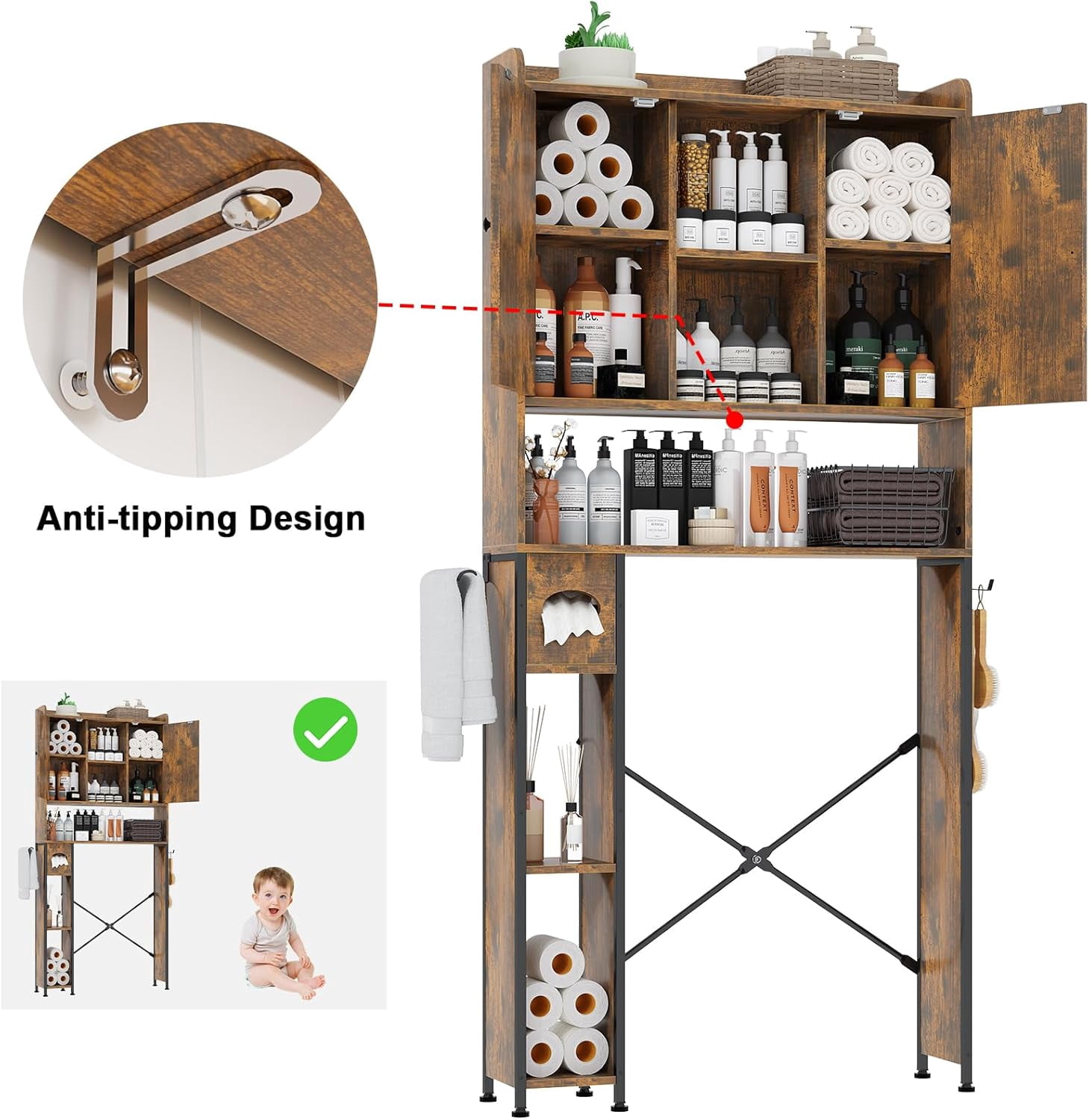 POAO Over the Toilet Storage Cabinet with Metal Frame &7 Storage Shelves,Bathroom Storage Organizer with Adjustable Shelves&Paper Holder,Brown