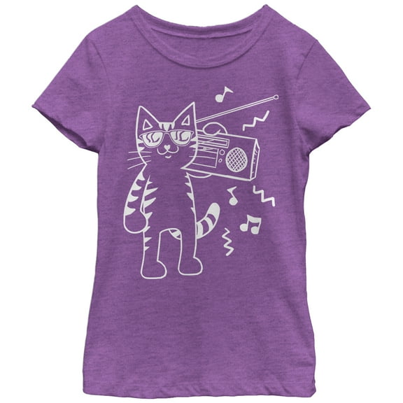 Girl's Lost Gods Boombox Cat Cartoon  Graphic Tee Purple Berry X Large