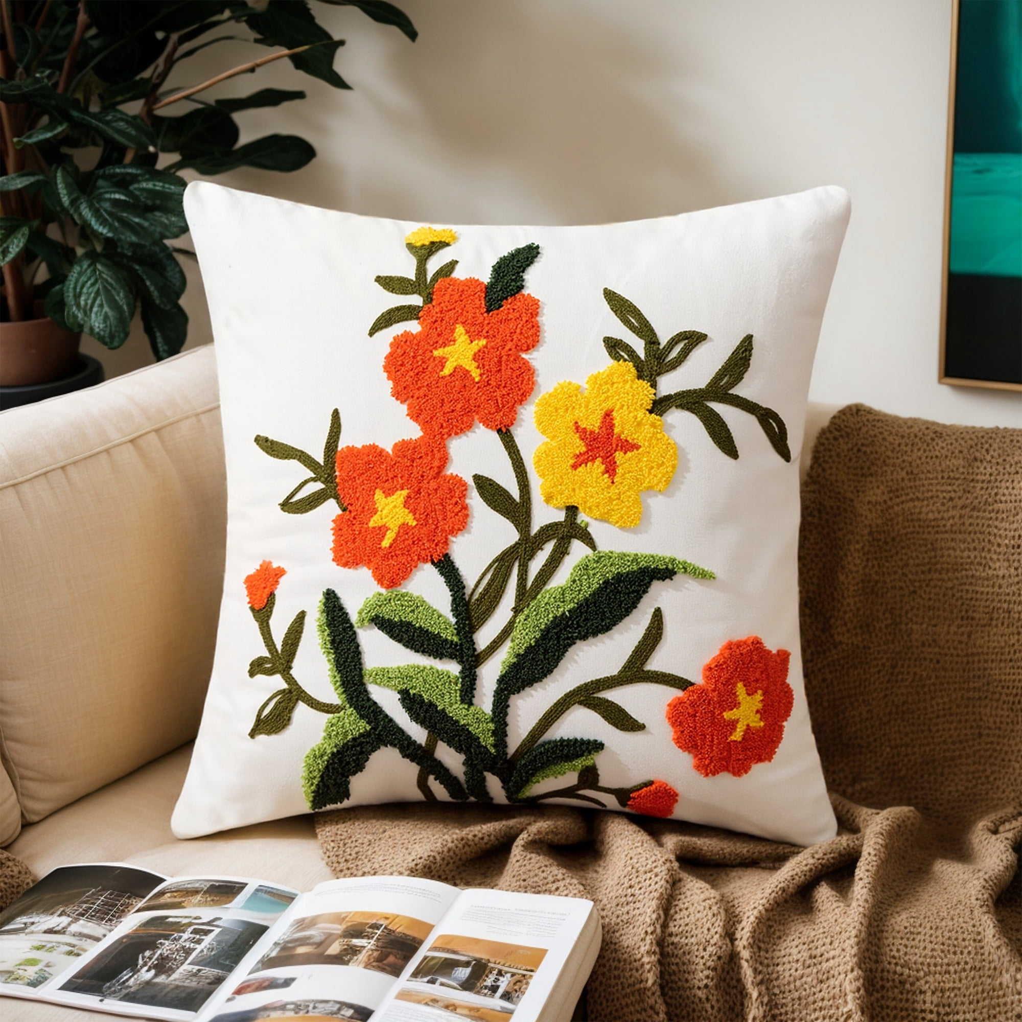 REGALWOVEN Floral Embroidered Decorative Throw Pillow Covers Set of 2, Farmhouse Flower Pattern Flower-6 18" x 18"