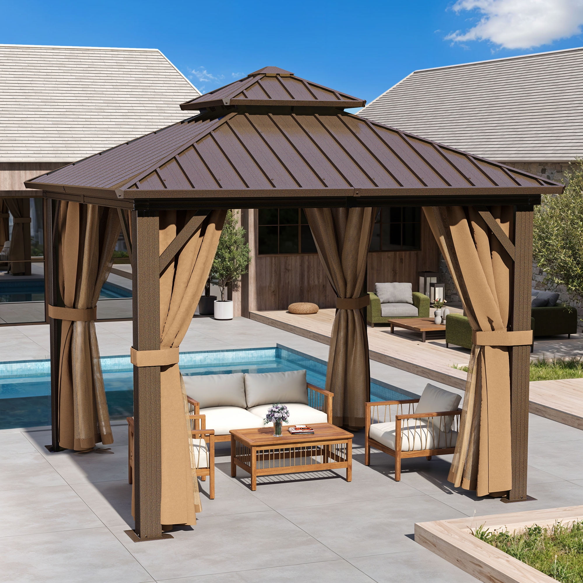 Uforic 10x10 FT Hardtop Gazebo, Heavy Duty Gazebo with Nettings and Curtains, Galvanized Steel Double Roof Gazebo,for Garden, Patio, Lawns,Bronze