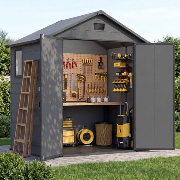 6x4FT Plastic Storage Shed with Floor, Resin Outdoor Storaged Sheds with Lockable Door, All Weather Durable Tool Shed with Window and Vent, for Garden, Patio, Backyard, Dark Gray