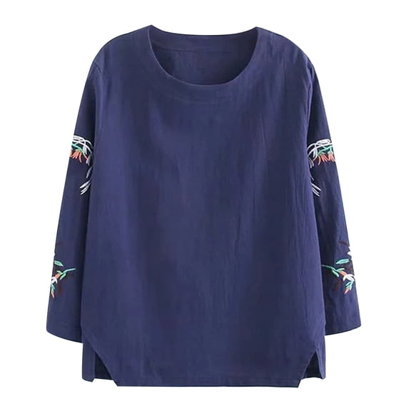 Womens Oversized Shirts Comfort Cotton Embroidered Long Sleeve Loose Tee Summer Spring Shirts for Women Blue L