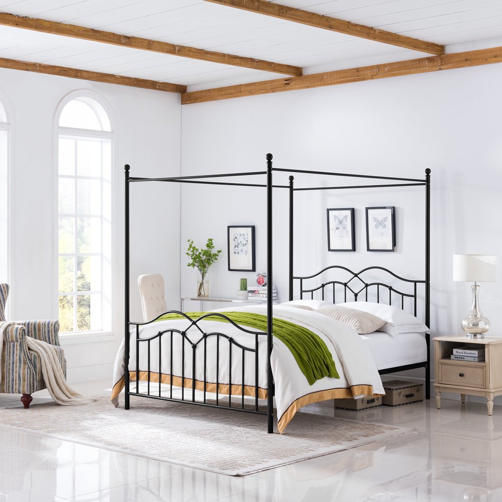 Simona Traditional Iron Canopy Queen Bed Frame, Flat Black