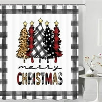 Christmas Shower Curtain, Xmas Buffalo Plaid Black and White Watercolor Print Reatroom Curtain, Merry Christmas Tree Rustic Farmhouse Winter Waterproof Bathroom Shower Curtain with Hook, 72X72in