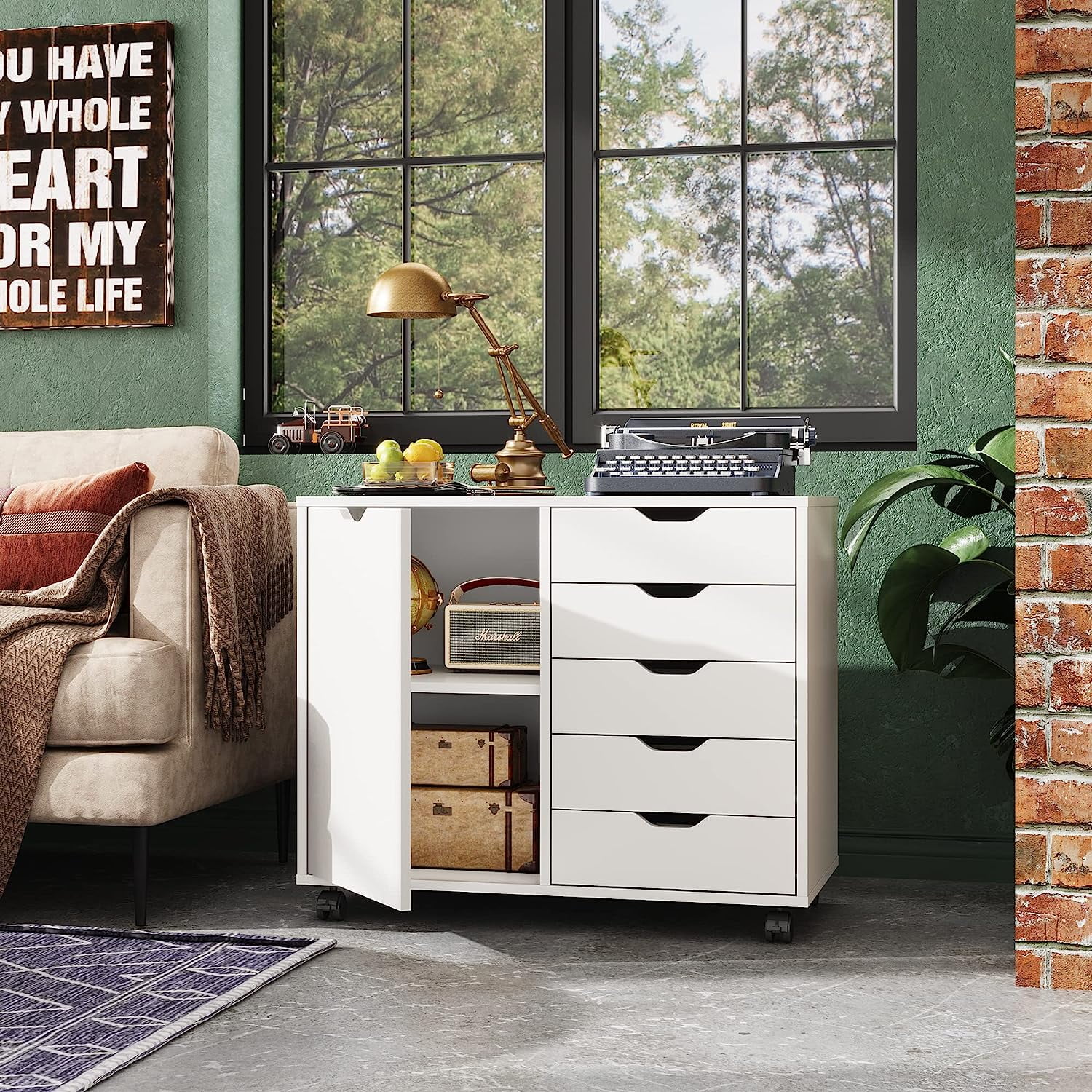 DEVAISE 5Drawer Wood Dresser Chest with Door, Mobile Storage