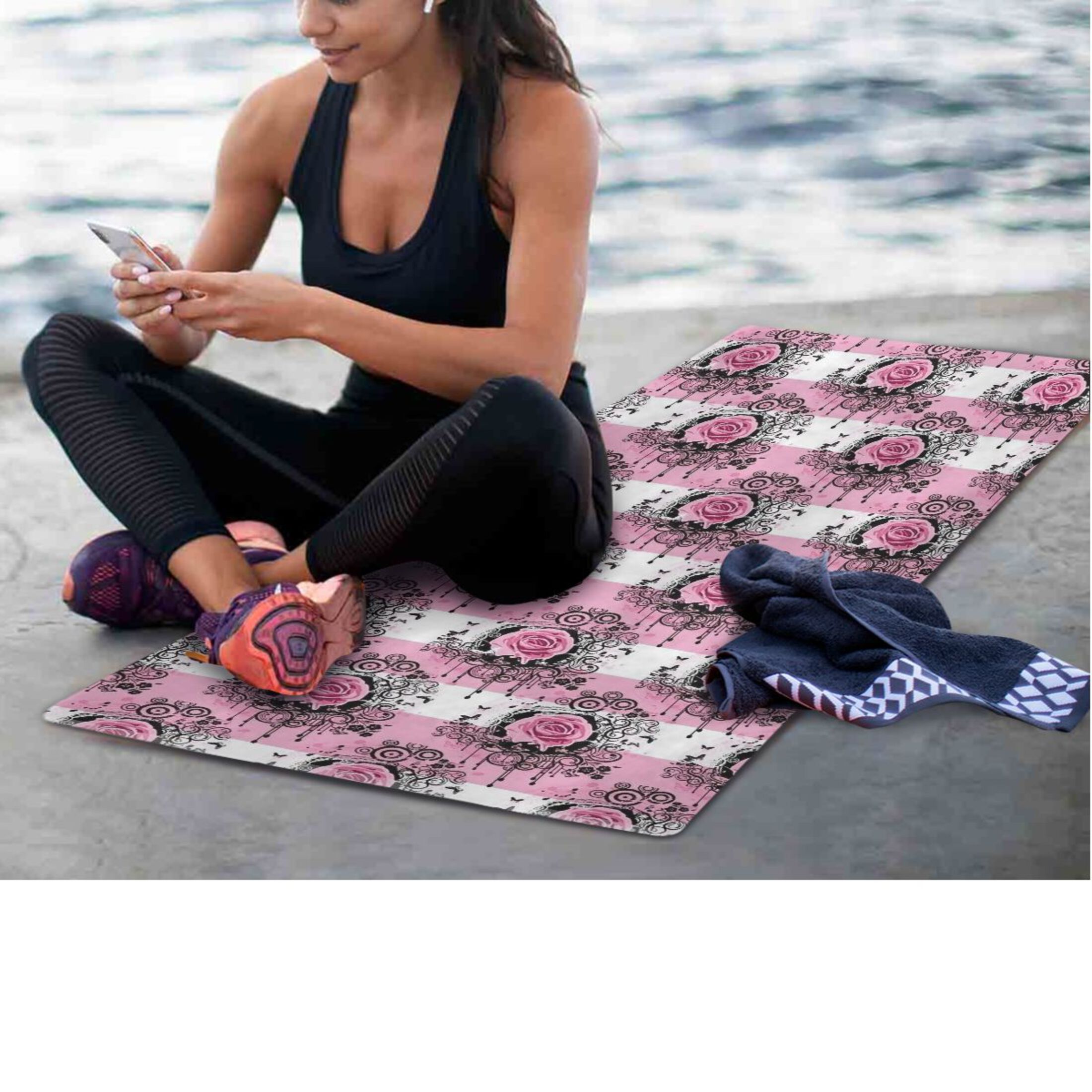 BZSMCE Yoga Mat Women Fitness Mat Pink Floral Lattice Pattern