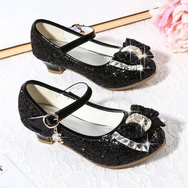 Zapatos de tacón alto para niñas, zapatos de princesa con lazo de diamantes de imitación, zapatos de tacón alto para niñas, zapatos individuales de Frozen con cristales