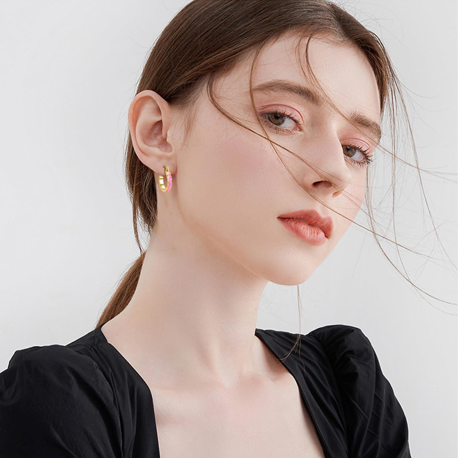 Coachuhhar Opal Hoop Earrings for Women 925 Sterling Silver Hypoallergenic Huggie Earrings Tiny Cartilage Earrings Mini Hoops Earrings Small Earrings Opal Jewelry for Mother's Day