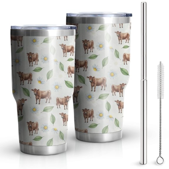30oz Green Cow Daisy Leaf Pattern Tumblers Stainless Steel Tumbler with Lid and Straw,Vacuum Insulated Double Wall Travel Tumbler Cups Mug with Cleaning Brush for Coffee,Tea