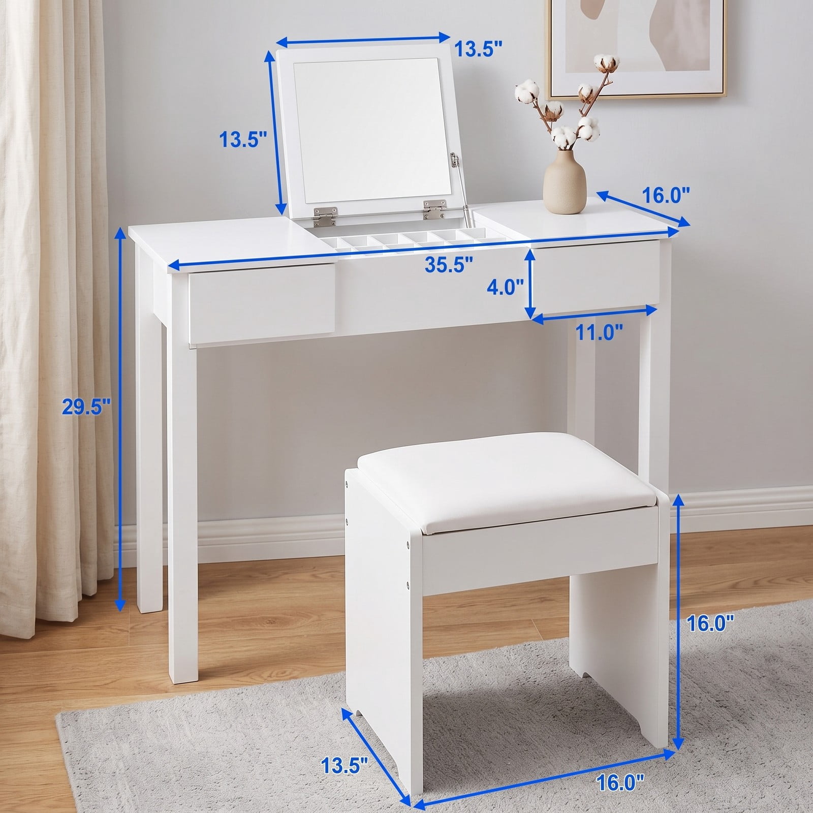 Furnibear Vanity Makeup Dressing Table Set with Flip Top Mirror and Cushioned Stool, Makeup Vanity Desk with 2 Drawers and Hidden Storage, White