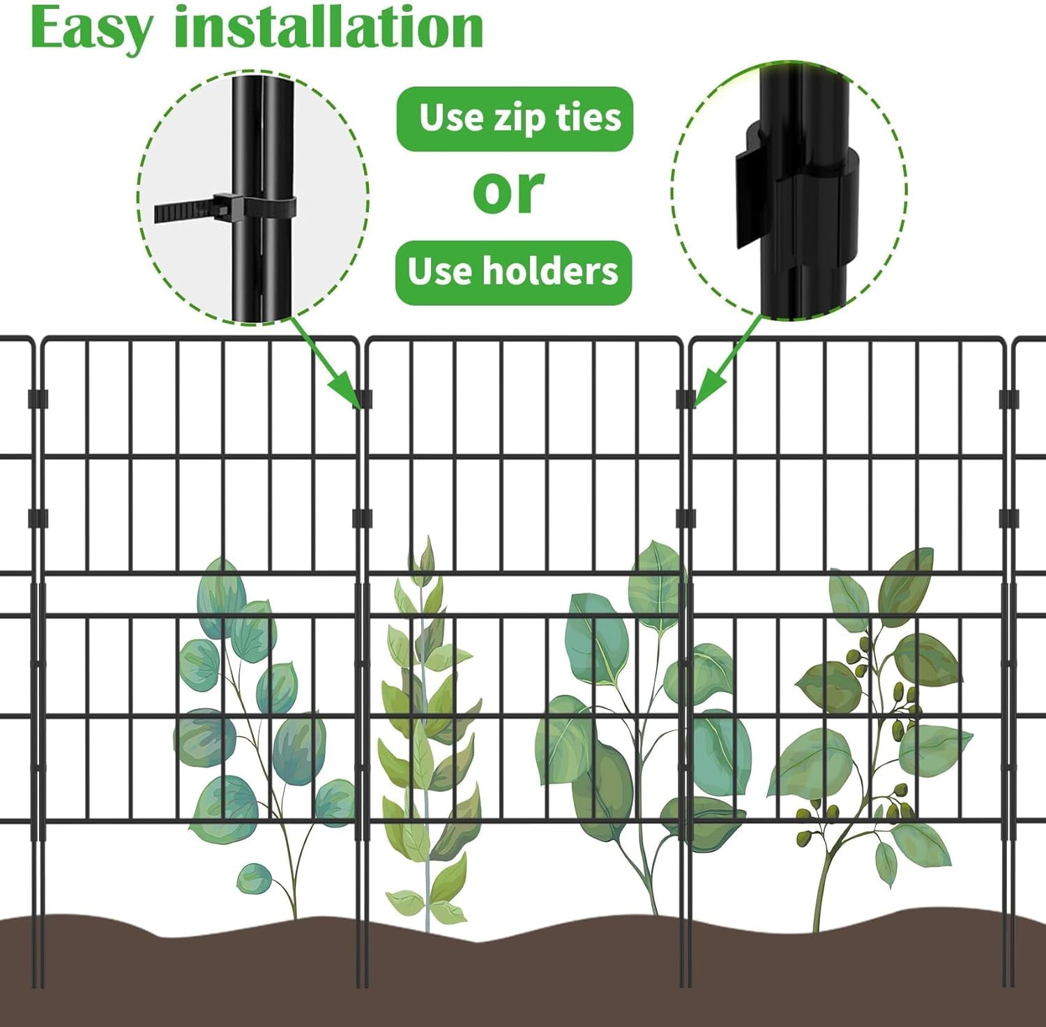 Y&M Tall Decorative Metal Garden Fence, No-Dig Wire Panels, 32 in H x 20 ft L, 14 panels