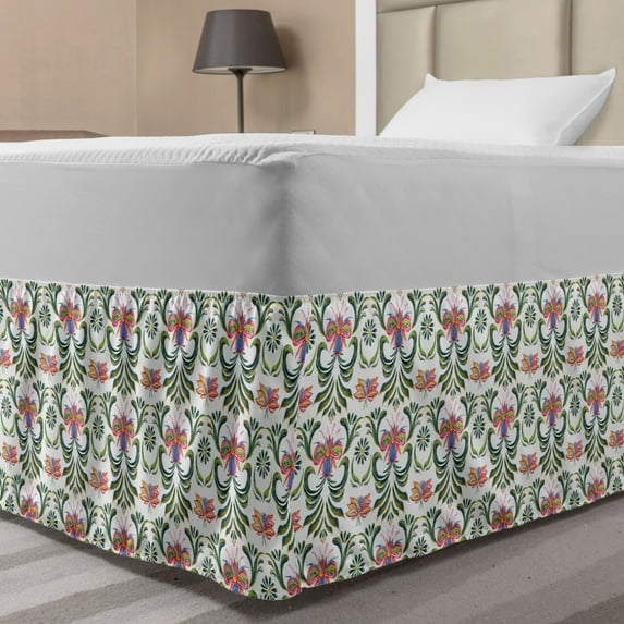 Abstract Bed Skirt, Illustration of Repeating Ivy Botany Ukrainian Folk Style Motifs on Plain Backdrop, Elastic Bedskirt Dust Ruffle Wrap Around for Bedding Decor, 4 Sizes, Multicolor, by Ambesonne