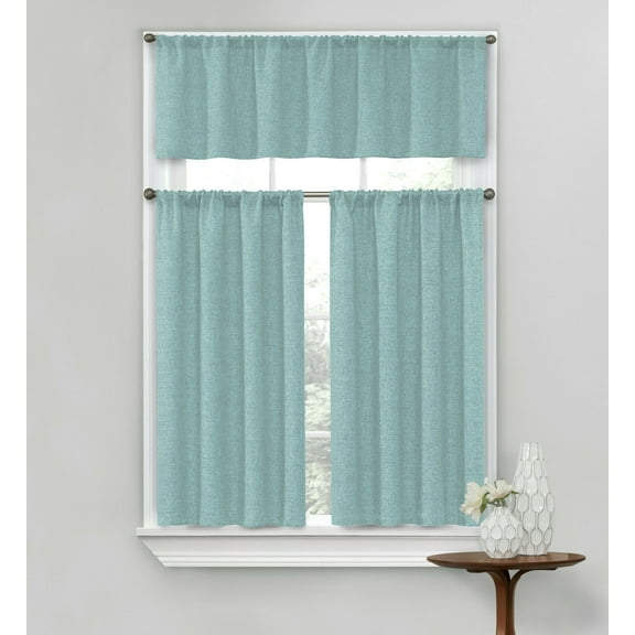 Complete Textured 3 Piece Café Kitchen Curtain Tier & Valance Set - Turquoise