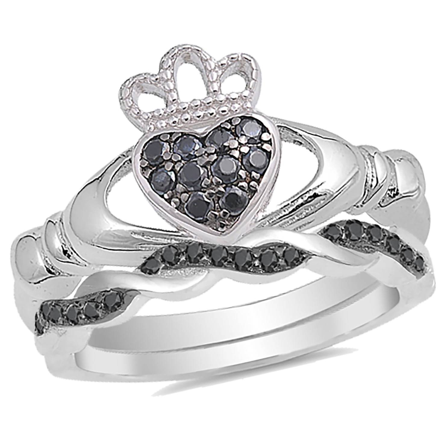 Claddagh Ring .925 Silver Set With a Black Diamond Mirror Finish 