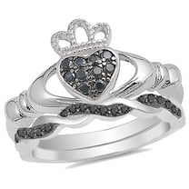 CZ Bridal Wedding Engagement Ring Set Simulated Black Diamond Claddagh Silver (5)