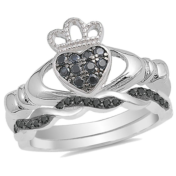 CZ Bridal Wedding Engagement Ring Set Simulated Black Diamond Claddagh Silver (5)