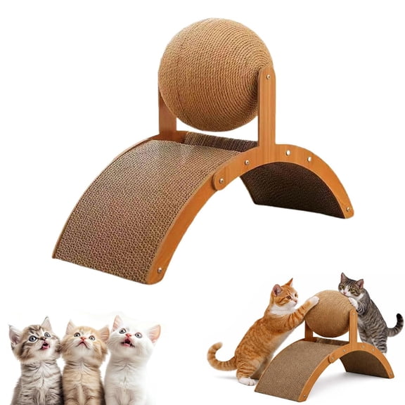 2026 New Wobble Ball Cat Scratcher, Cat Scratching Ball on Stand, Solid Wood Interactive Cats Scratcher with 360° Rotating Natural Sisal Balls