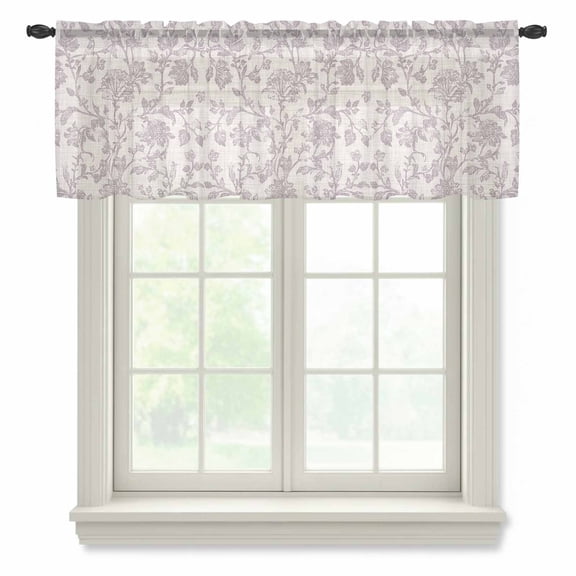 Farmhouse Flower Valance Curtains for Kitchen/Living Room/Bathroom/Bedroom Window, Rod Pocket Small Topper Half Short Window Curtains Voile Sheer Scarf, Botanical Vintage Purple Leaf Plant 42"x12"