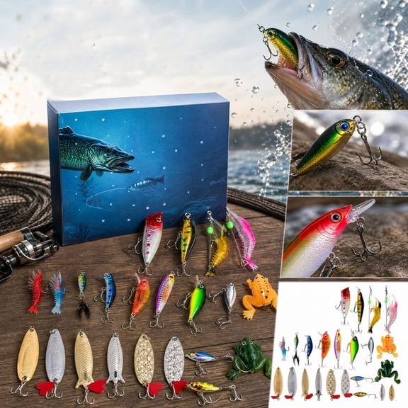 QLUEWX Fishing Lure Advent Calendar 2026, 24 Days Christmas Mystery Lure Box, Mixed Hard & Soft Fishing Baits Kit, Complete Fishing Tackle Gift Box for Anglers Fishermen Outdoor Fishing Accessories