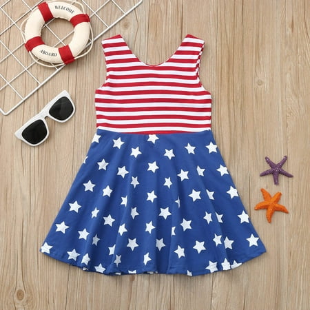 

Tking Fashion Toddler Baby Girls 4th of Stars and Stripe Print Patriotic Dress Clothes Red 120