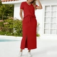 thumbnail image 6 of Bovxnpu Women Skirt Set Casual Office Outfits 2 Piece V Neck Short Sleeve Top High Waisted Slit Skirts, 6 of 8