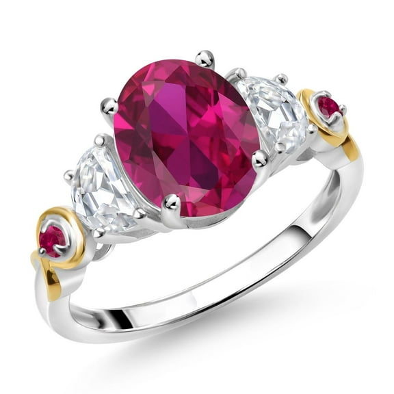 Gem Stone King 925 Silver and 10K Yellow Gold 3-Stone Ring Oval Red Created Ruby and Moissanite (2.50 Cttw, Size 5)