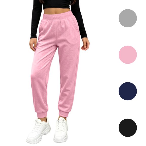 Amkhujs Joggers for Girls Soft Solid Color Elastic Waist Sweatpants with Pockets Everyday Fall Winter Fitted Casual Pants