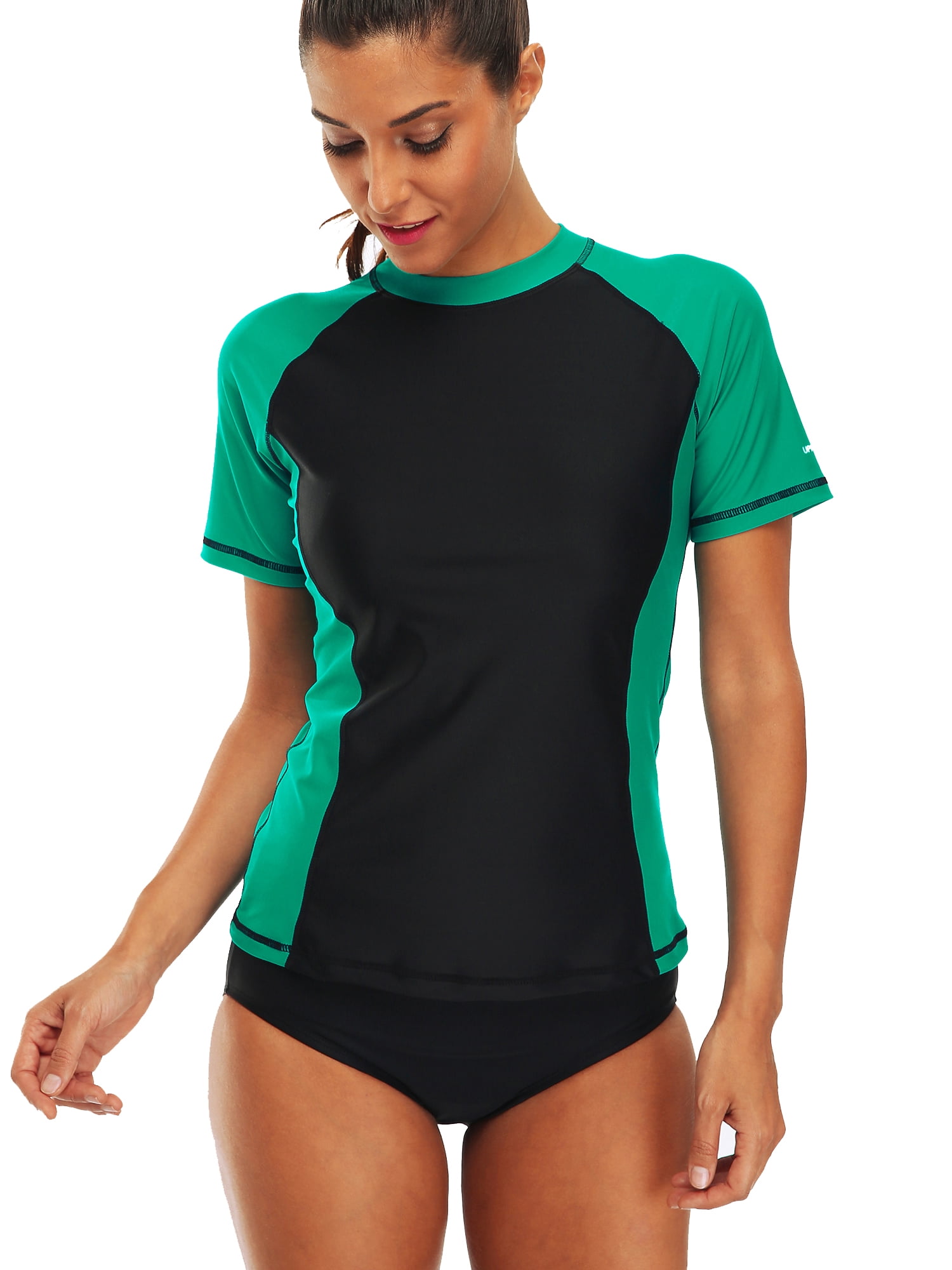 Anferry Womens Short Sleeve Rash Guard Color Block Swimwear UPF 50 ...