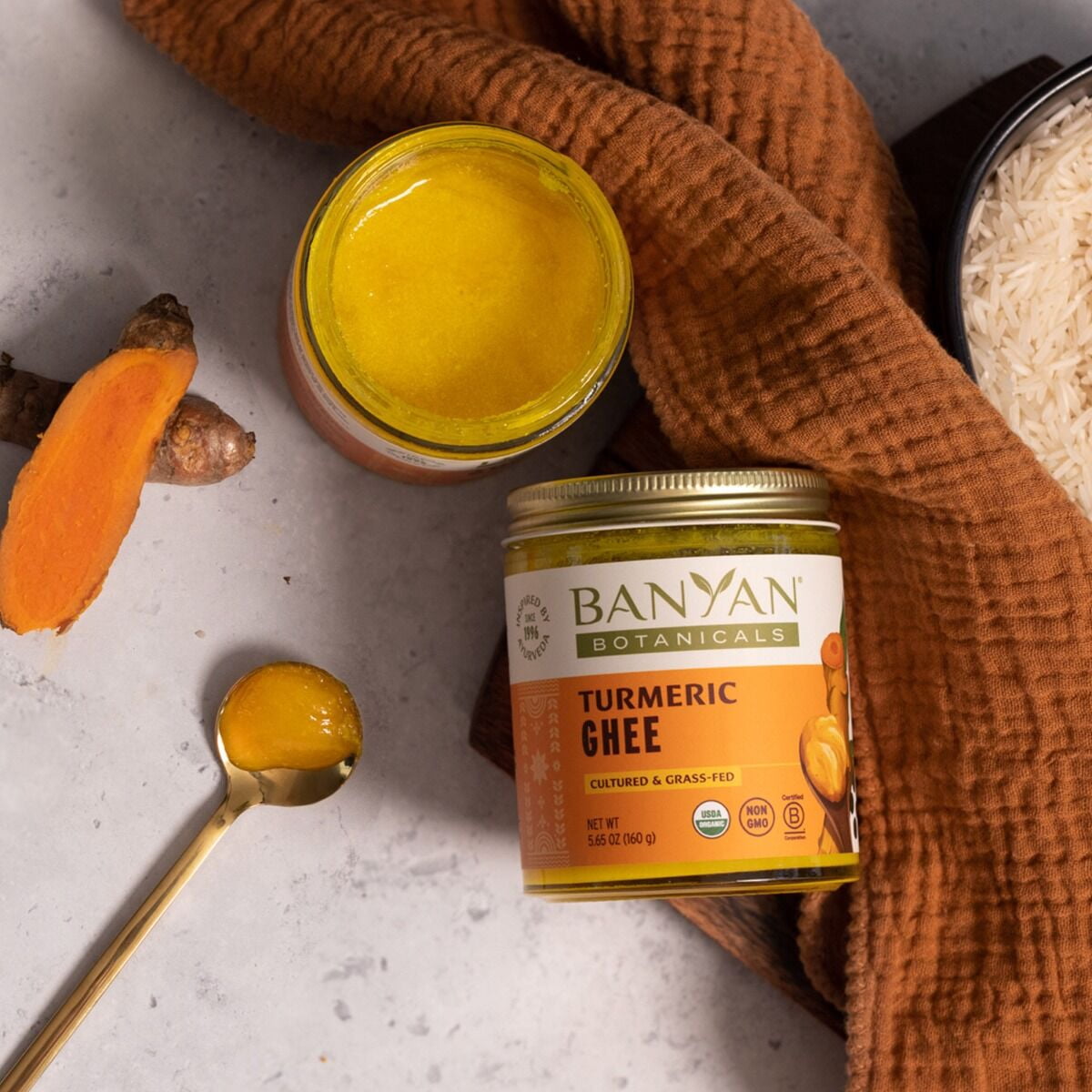 Banyan Botanicals Turmeric Ghee  Cultured Grass-Fed Organic Ghee (Clarified Butter) with Turmeric & Ginger  Oil & Butter Alternative for Cooking & Baking  5.65 oz  Non-GMO Gluten Free Vegetarian