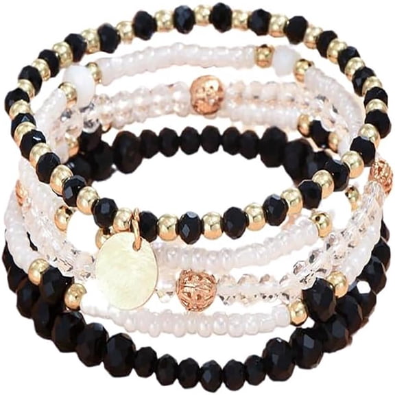 Bohemian Stackable Crystal Beaded Bracelet Set 5 Pack Colorful Multilayer Adjustable Rice Beads Summer Beach Jewelry Gift for Women