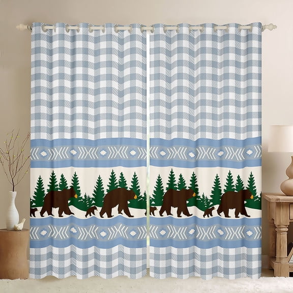 Manfei Aztec Geometric Check Blackout Curtains Set of 2 (52x84 Each),Woodland Animal Bear Window Curtains,Rustic Farmhouse Cabin Curtains and Drapes For Boys Girls,Luxury Bedroom Decor