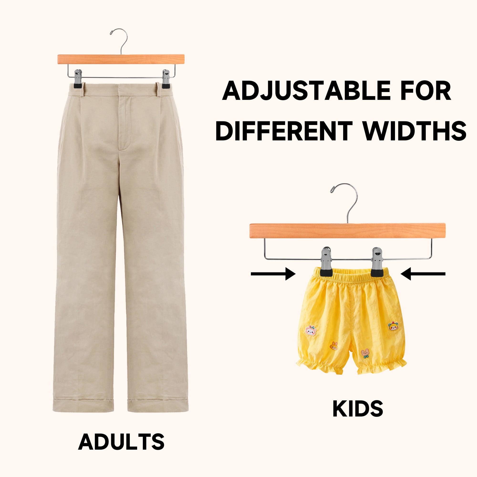 BP4U 24-Pack Premium Wooden Adjustable Pants Hangers, Heavy Duty Solid Wood Bottom Skirt/Trousers Hangers with 360° Swivel Hook & Wrinkle-Free Design(Natural Wood)