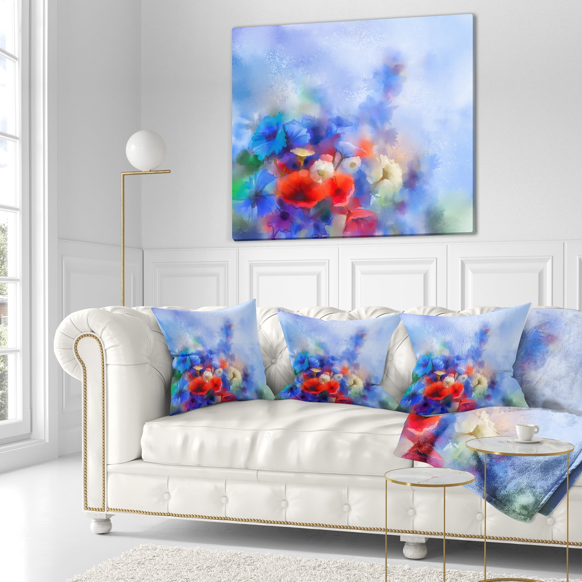 Designart Blue Corn Flowers and Red Poppies - Floral Throw Pillow - 18x18