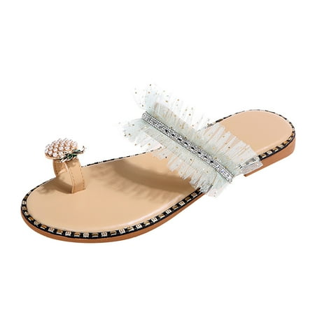 

knqrhpse slippers for women Girls Pearl Flat Bohemian Style Sandals Beach Shoes womens slippers house slippers for women