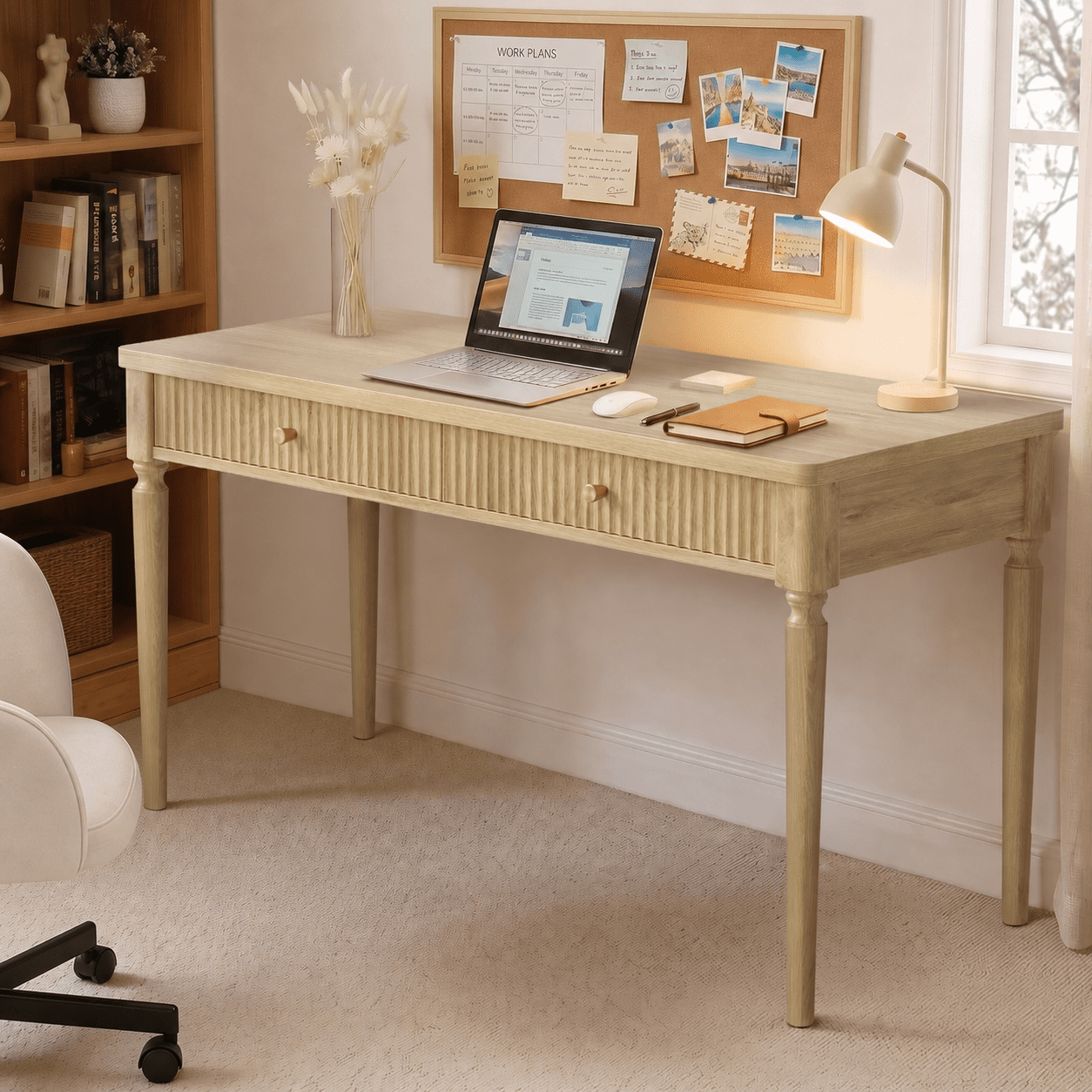 Bestier Wooden Writing Desk with Drawers, Natural Oak photo 1